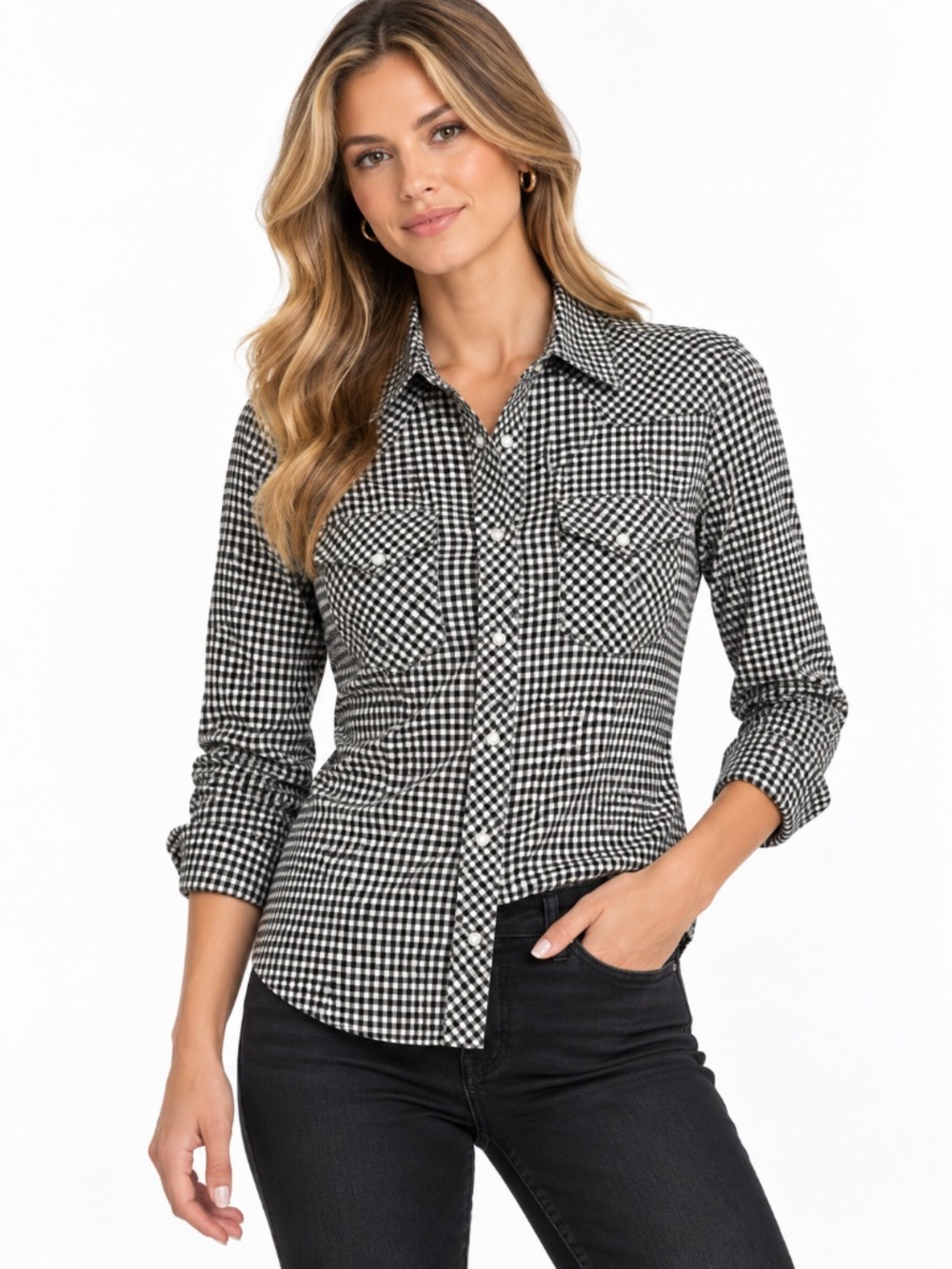 Ralph Lauren Slim Fit Black White Gingham Snap Button Western Shirt Women’s 4